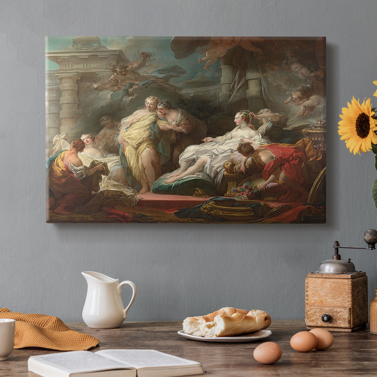 Canvas art print featuring a group of women gathered indoors in ornate setting presenting gifts, set in a cozy kitchen setting
