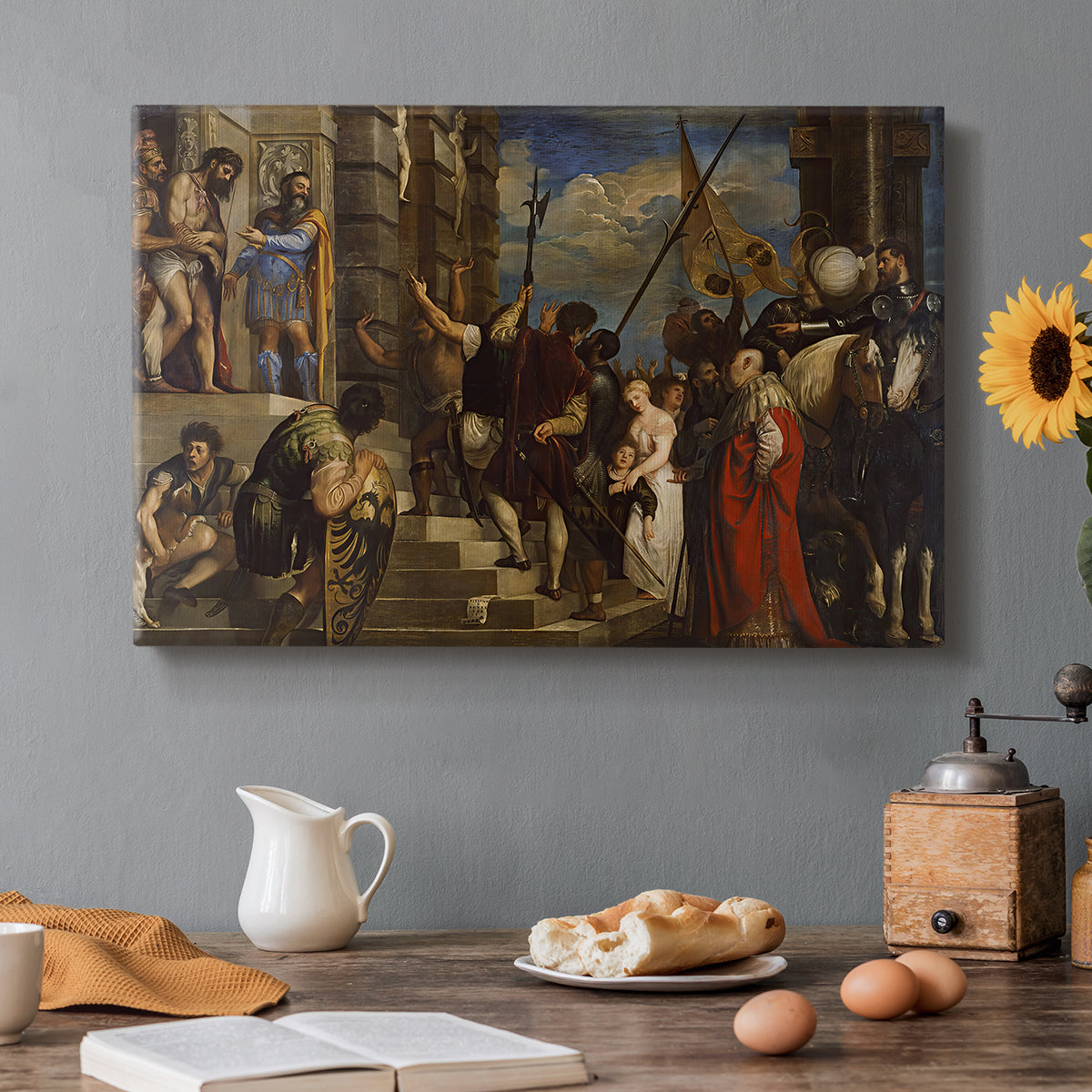 Canvas art print featuring a crowded religious scene with central figure presented before gathered crowd, set in a cozy kitchen setting
