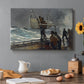 Canvas art print featuring figures gathered on rocky shore signaling toward sea with ship in distance, set in a cozy kitchen setting