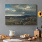 Canvas art print featuring a rugged highland landscape with mountains and open terrain, set in a cozy kitchen setting