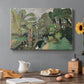 Canvas art print featuring a small figure in a green landscape near trees and buildings, set in a cozy kitchen setting