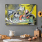 Canvas art print featuring an abstract still life combining cat and lobster, set in a cozy kitchen setting
