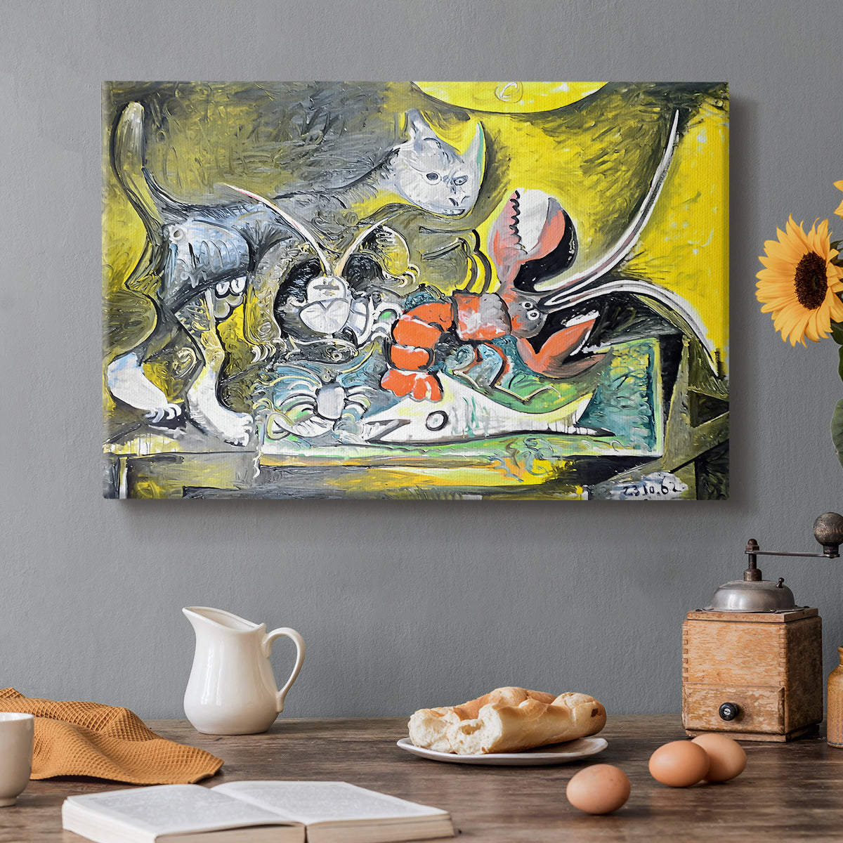 Canvas art print featuring an abstract still life combining cat and lobster, set in a cozy kitchen setting