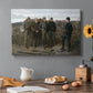 Canvas art print featuring a group of soldiers standing together in outdoor setting with guarded figures, set in a cozy kitchen setting