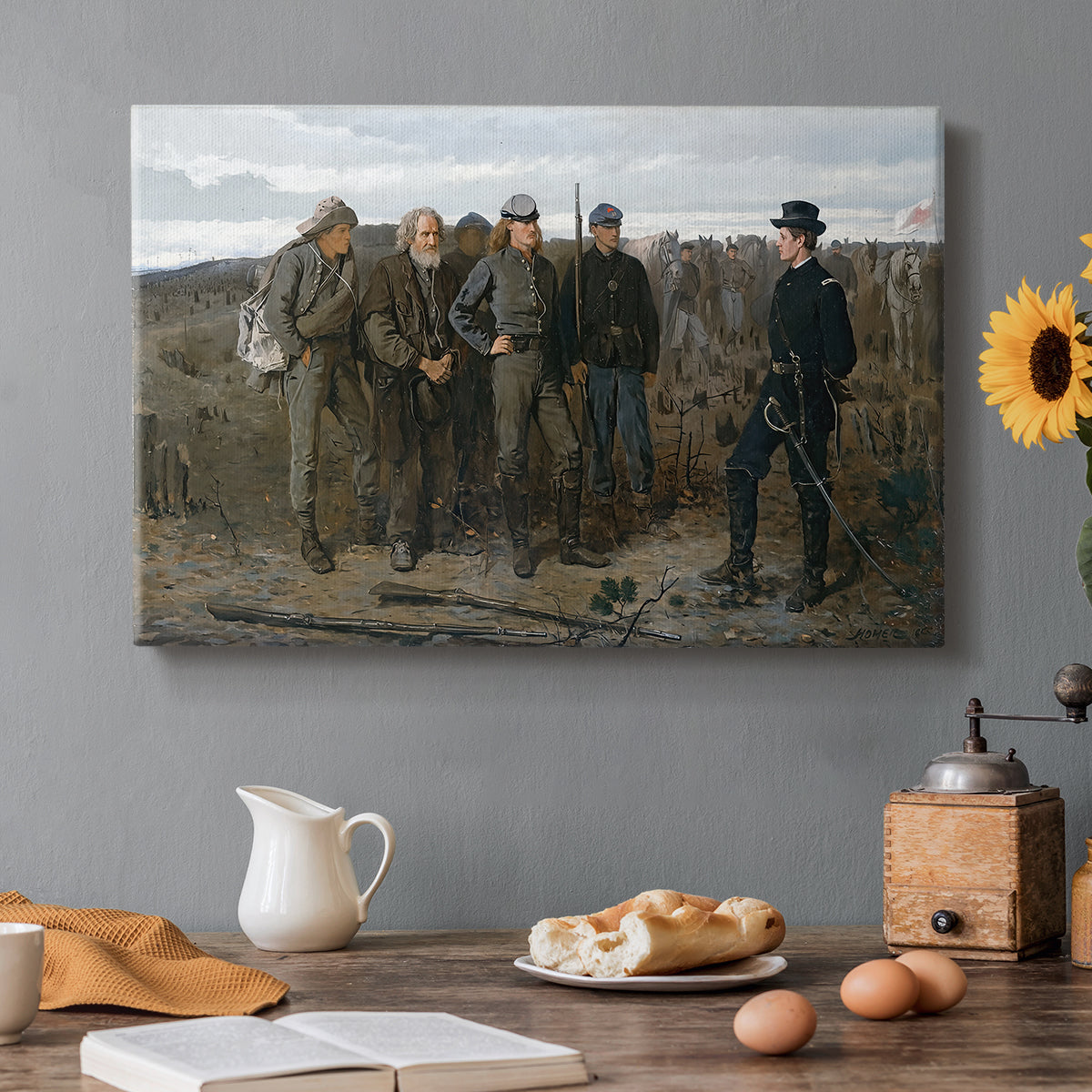 Canvas art print featuring a group of soldiers standing together in outdoor setting with guarded figures, set in a cozy kitchen setting