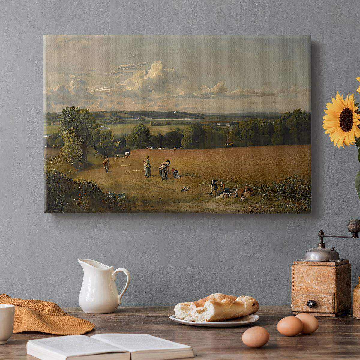 Canvas art print featuring an open field with path through crops under wide sky, set in a cozy kitchen setting