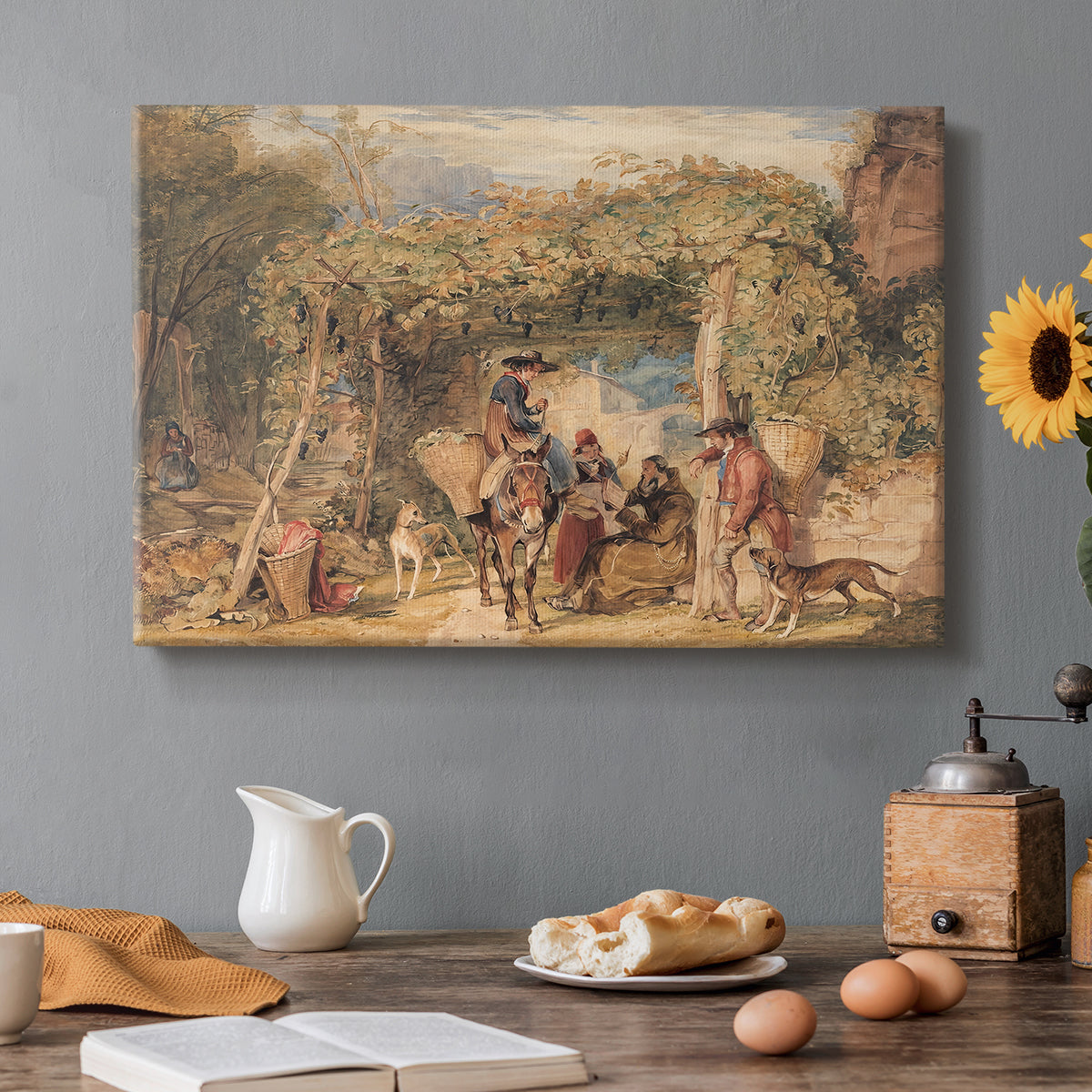 Canvas art print featuring figures working among animals in vineyard landscape, set in a cozy kitchen setting