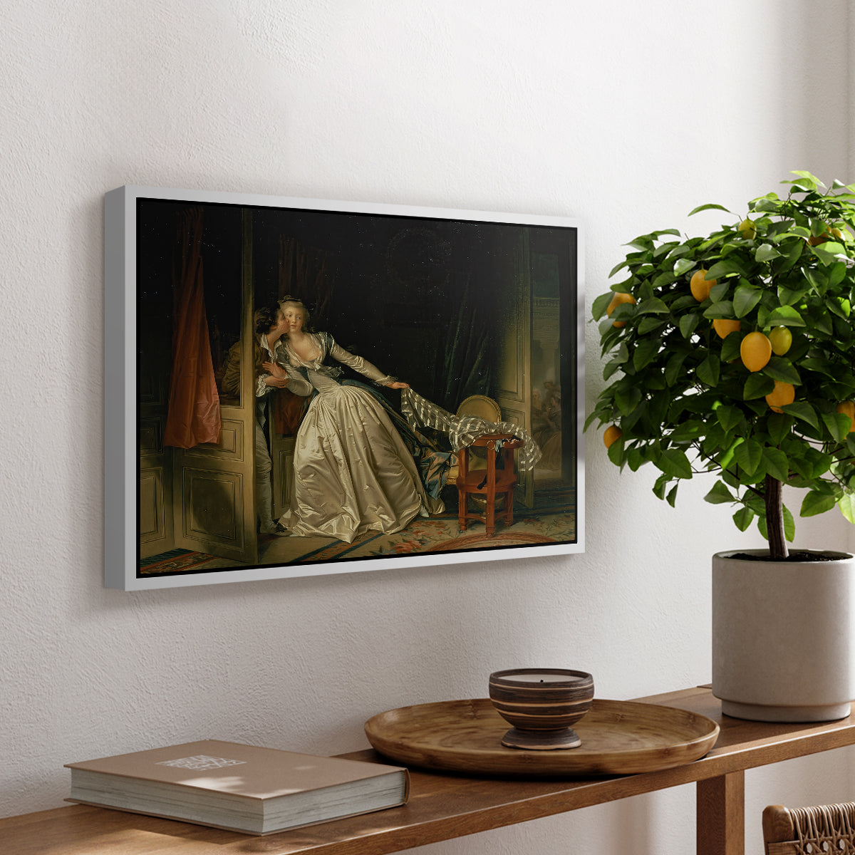 The Stolen Kiss (Le Baiser à la dérobée), c. 1788 - Floater Framed Canvas Print