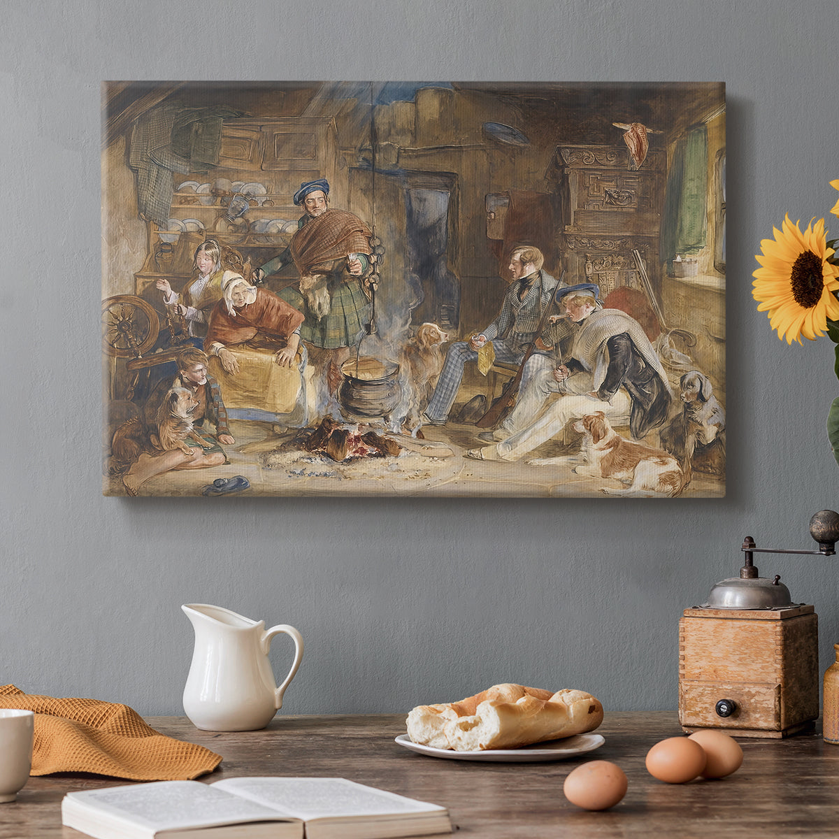 Canvas art print featuring a group of figures gathered indoors sharing food in rustic setting, set in a cozy kitchen setting