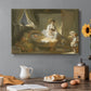 Canvas art print featuring a domestic interior with figures gathered around child in cradle, set in a cozy kitchen setting