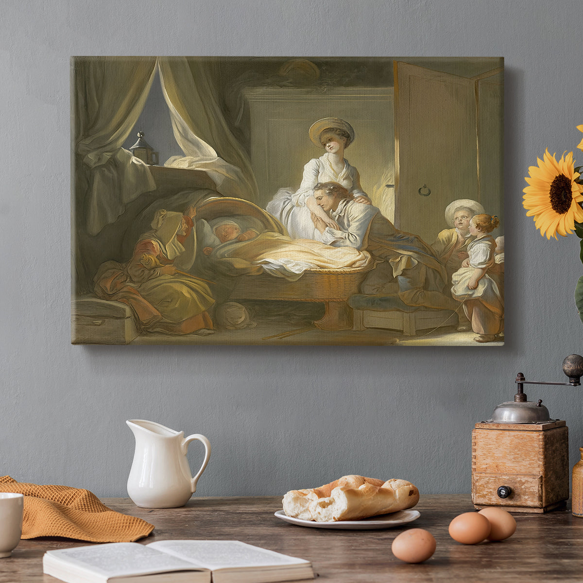 Canvas art print featuring a domestic interior with figures gathered around child in cradle, set in a cozy kitchen setting