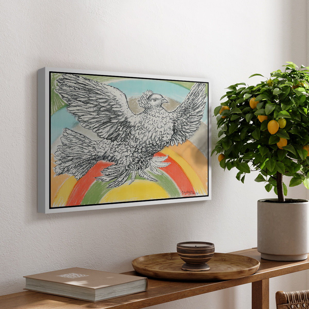 Flying Dove with Rainbow (Colombe volant à l'Arc-en-ciel), 1952 - Floater Framed Canvas Print