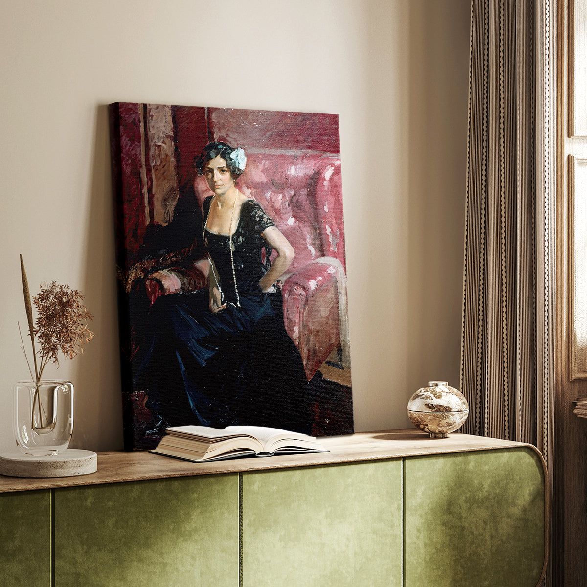 Canvas art print of a refined figure in formal attire with luminous tones styled in a home decor setting.