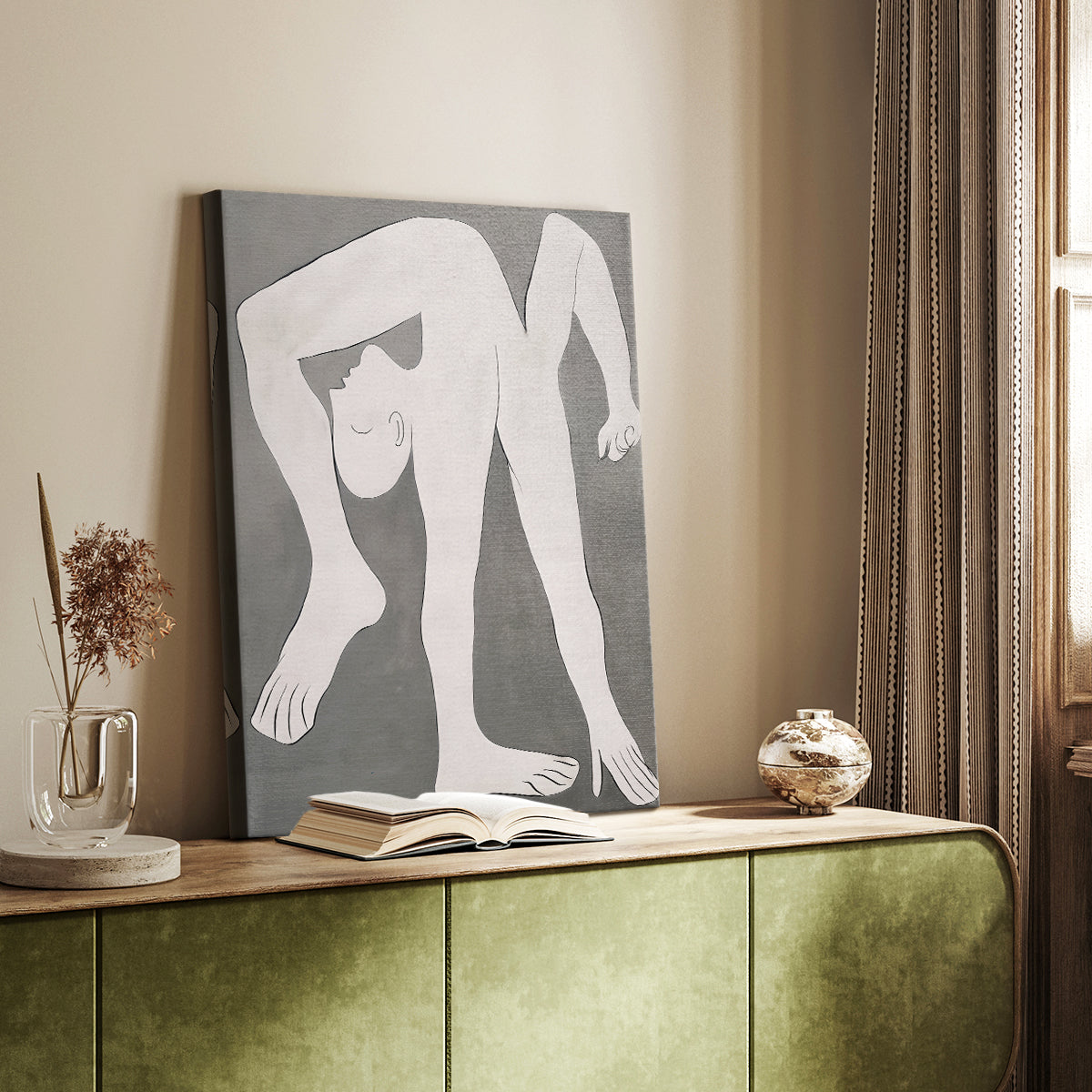 Canvas art print of a modern composition with angular forms and minimal detail styled in a home decor setting.