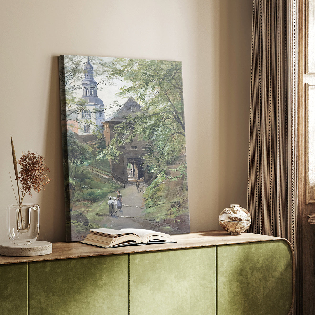 Canvas art print of a detailed cityscape with traditional structures and soft daylight styled in a home decor setting.