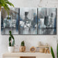 Three-panel canvas wall art featuring urban cityscape rendered in blue tones, displayed in a boho-chic entryway above a console table.