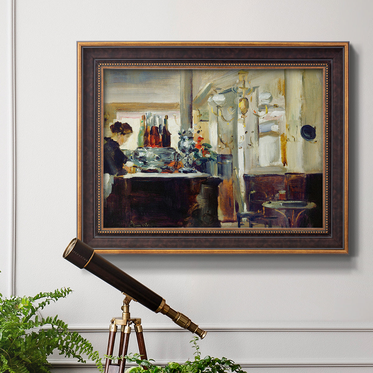 Impressionist café still life scene by Édouard Manet in an ornate bronzed mahogany wood frame displayed in a light-toned interior setting.