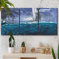 Three-panel canvas wall art featuring sailboats moving across water, displayed in a boho-chic entryway above a console table.