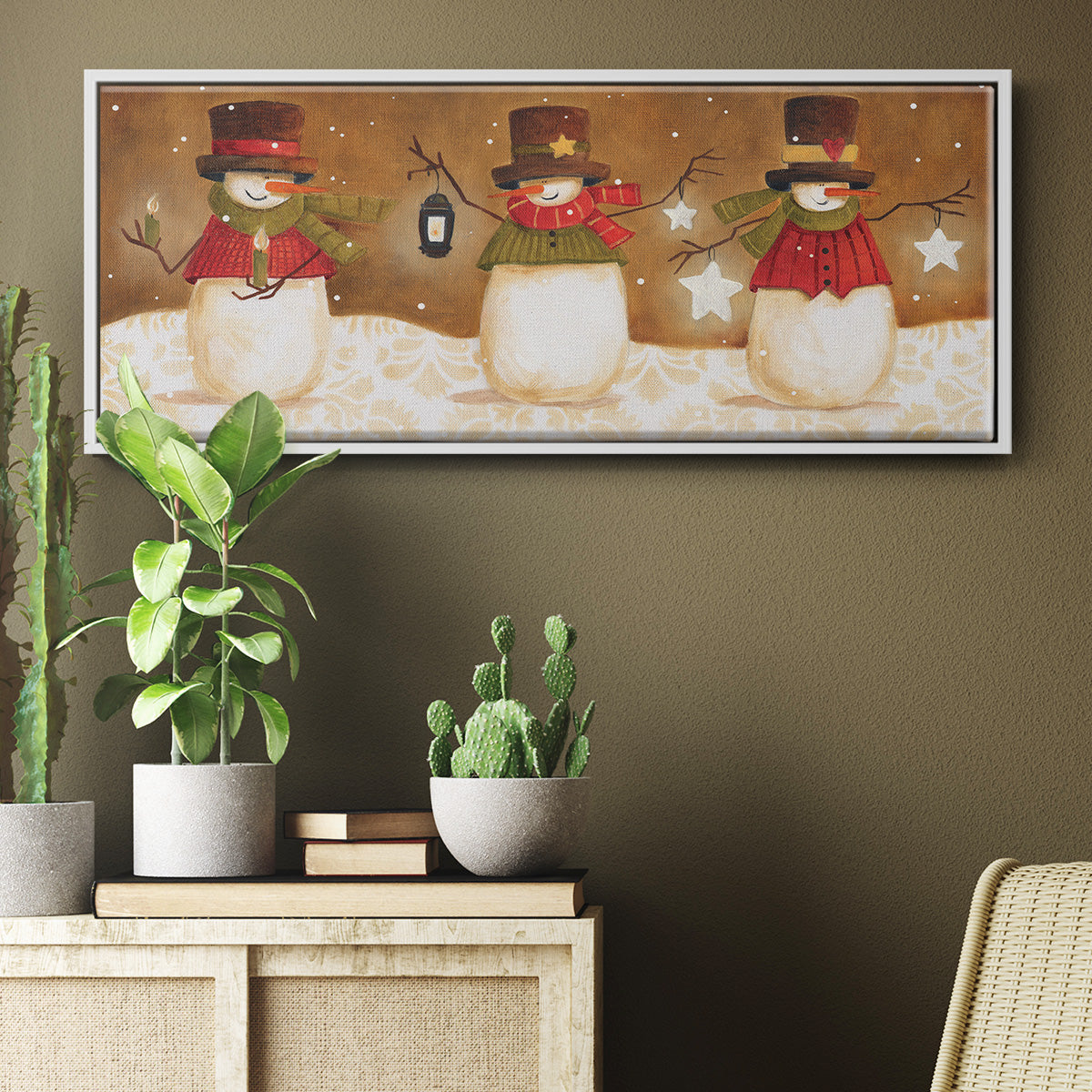 Top Hat Snowmen - Floater Framed Canvas Print