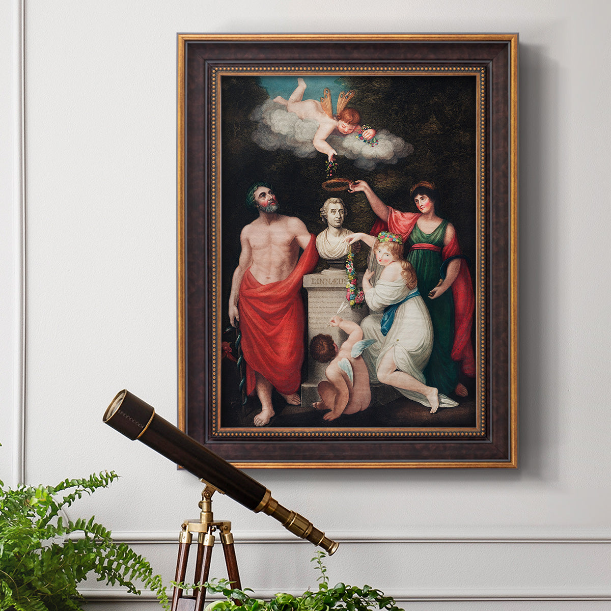 Classical allegorical painting honoring Linnaeus by Robert John Thornton in an ornate bronzed mahogany wood frame displayed in a light-toned interior setting.