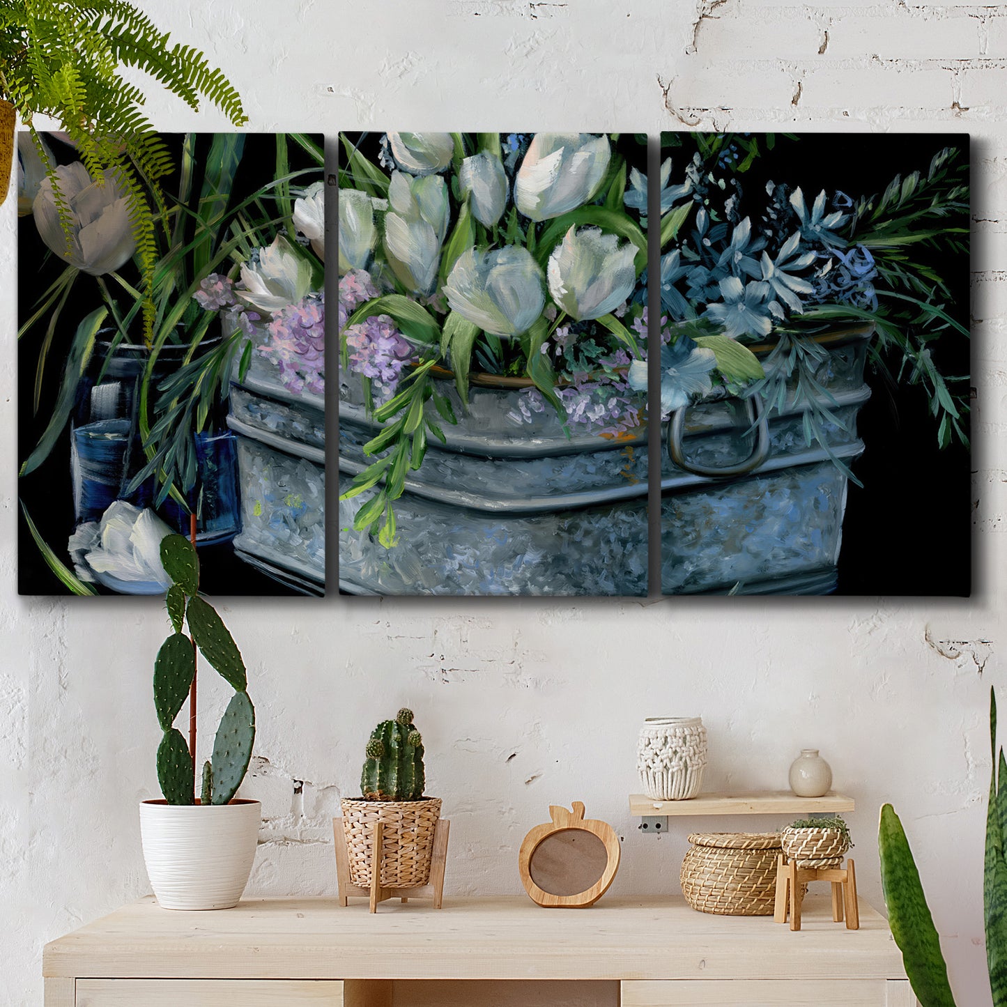 Three-panel canvas wall art featuring colorful wild tulips in bloom, displayed in a boho-chic entryway above a console table.