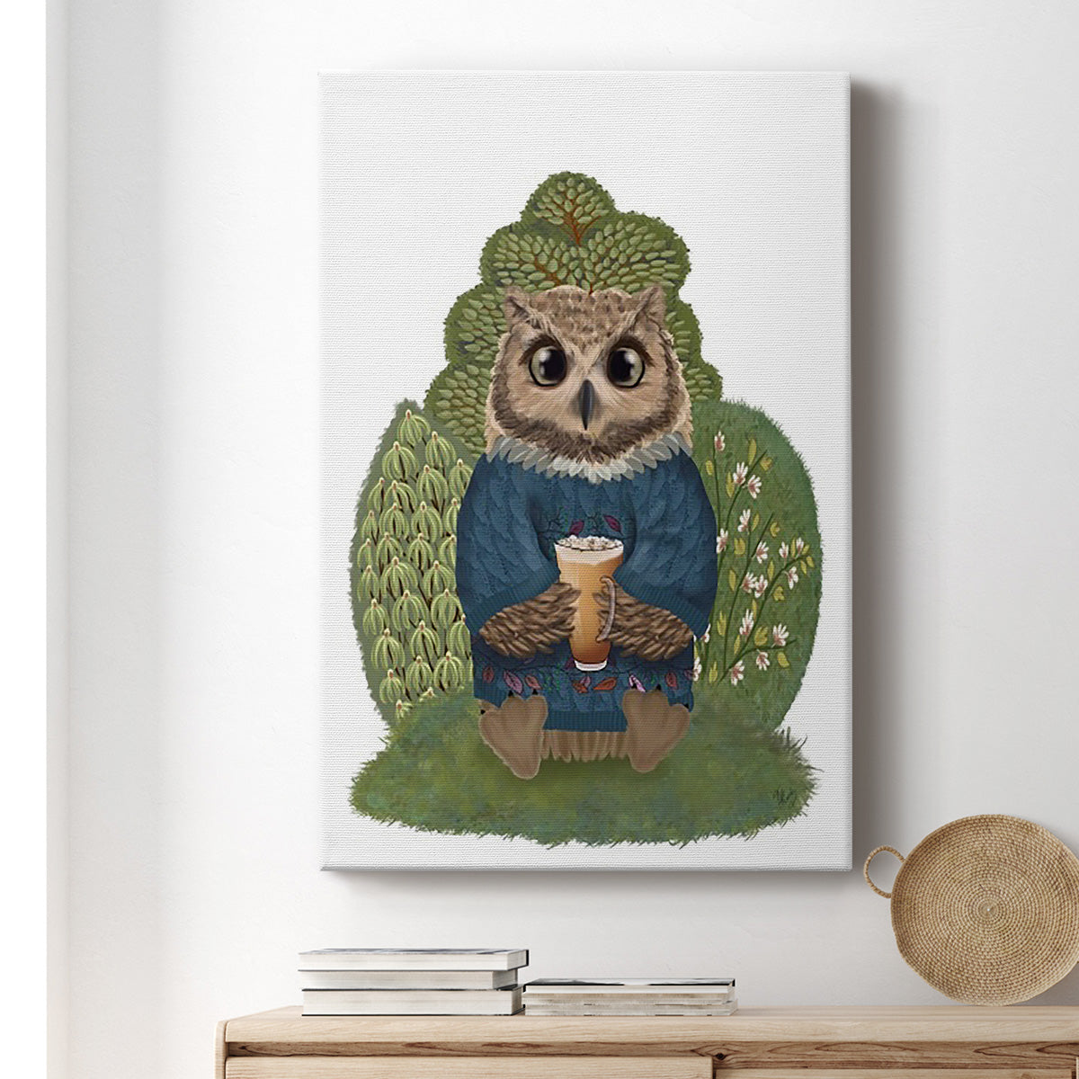 Latte Owl in Sweater - Canvas Art Print