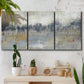 Three-panel canvas wall art featuring soft grey abstract horizon, displayed in a boho-chic entryway above a console table.