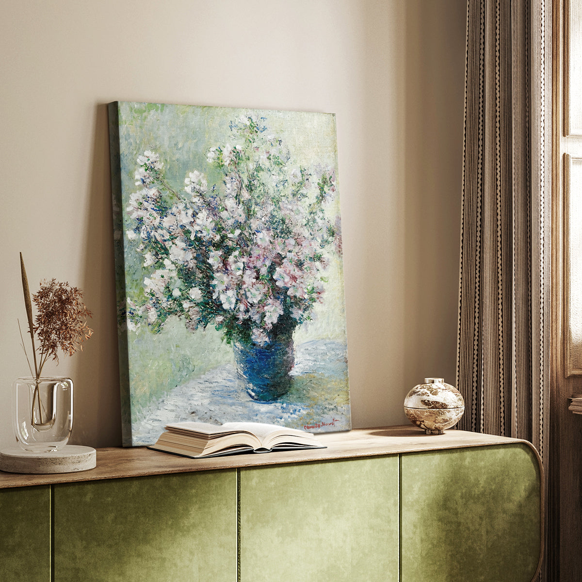 Canvas art print of a floral arrangement with loose brushwork and gentle tones styled in a home decor setting.
