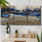 Three-panel canvas wall art featuring abstract coastal jewel toned composition, displayed in a boho-chic entryway above a console table.