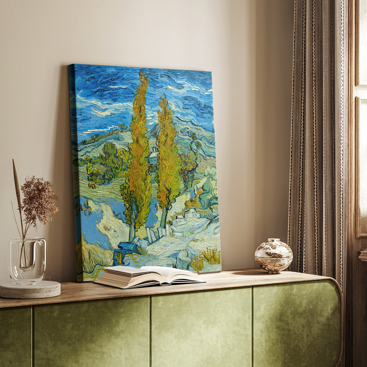 Canvas art print of a stylized nature scene with vertical trees and vivid tones styled in a home decor setting.