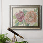 Modern peony floral drawing in an ornate mottled silver frame displayed in a light-toned interior setting.