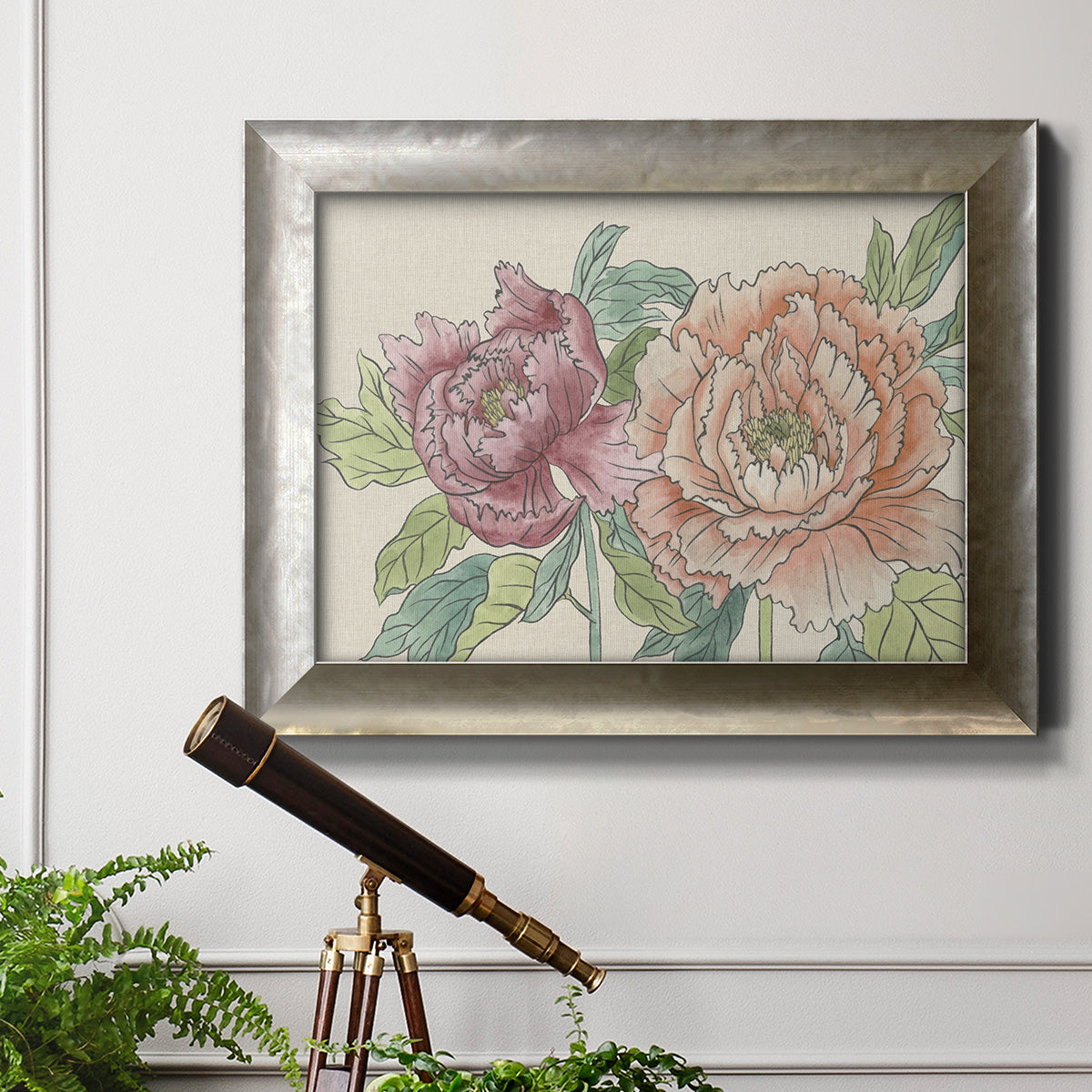 Modern peony floral drawing in an ornate mottled silver frame displayed in a light-toned interior setting.