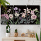 Three-panel canvas wall art featuring early spring blossoms in soft tones, displayed in a boho-chic entryway above a console table.