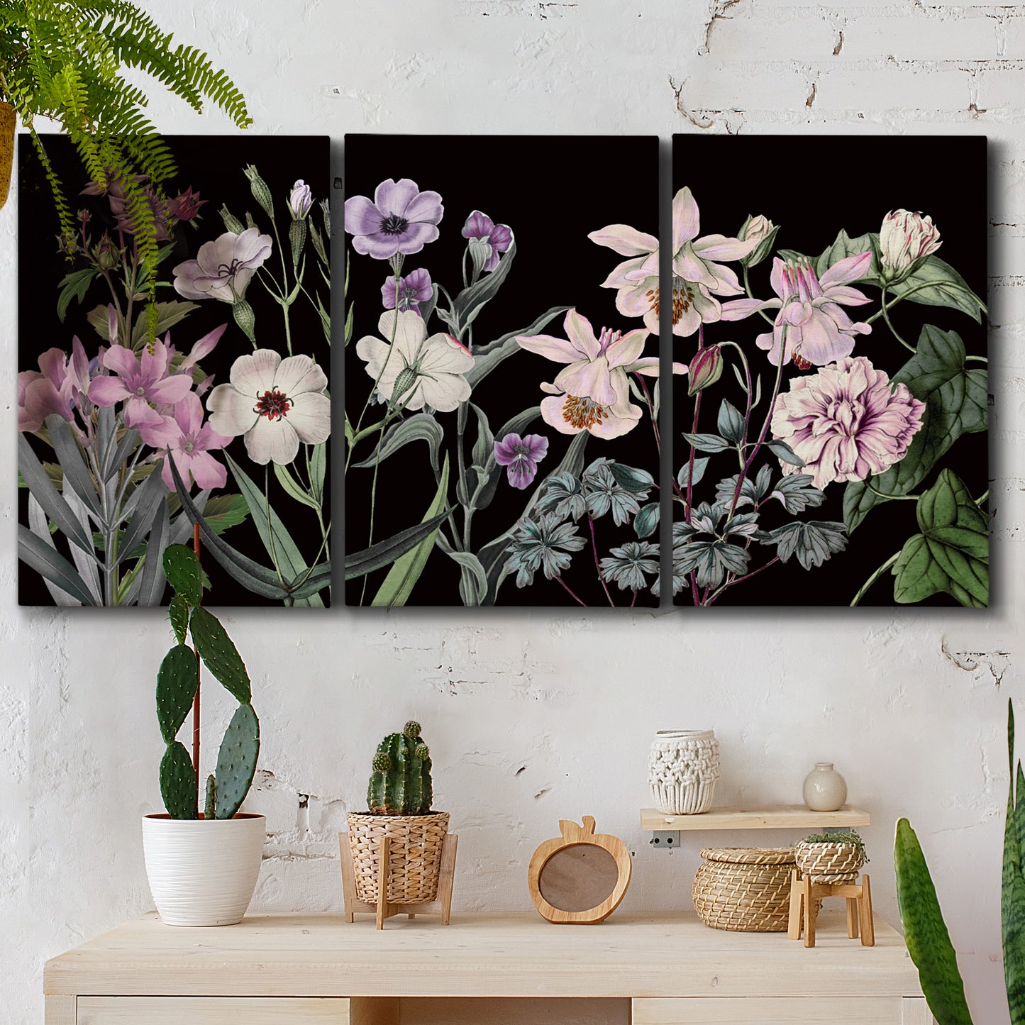 Three-panel canvas wall art featuring early spring blossoms in soft tones, displayed in a boho-chic entryway above a console table.