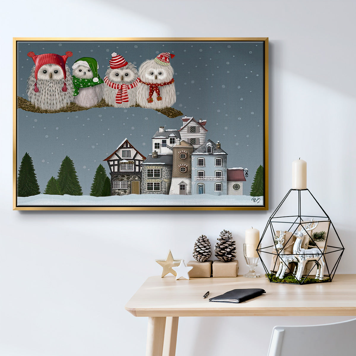 Christmas Christmas Owl Village - Framed Gallery Wrapped Canvas in Floating Frame