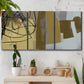 Three-panel canvas wall art featuring industrial abstract digital glitch pattern, displayed in a boho-chic entryway above a console table.