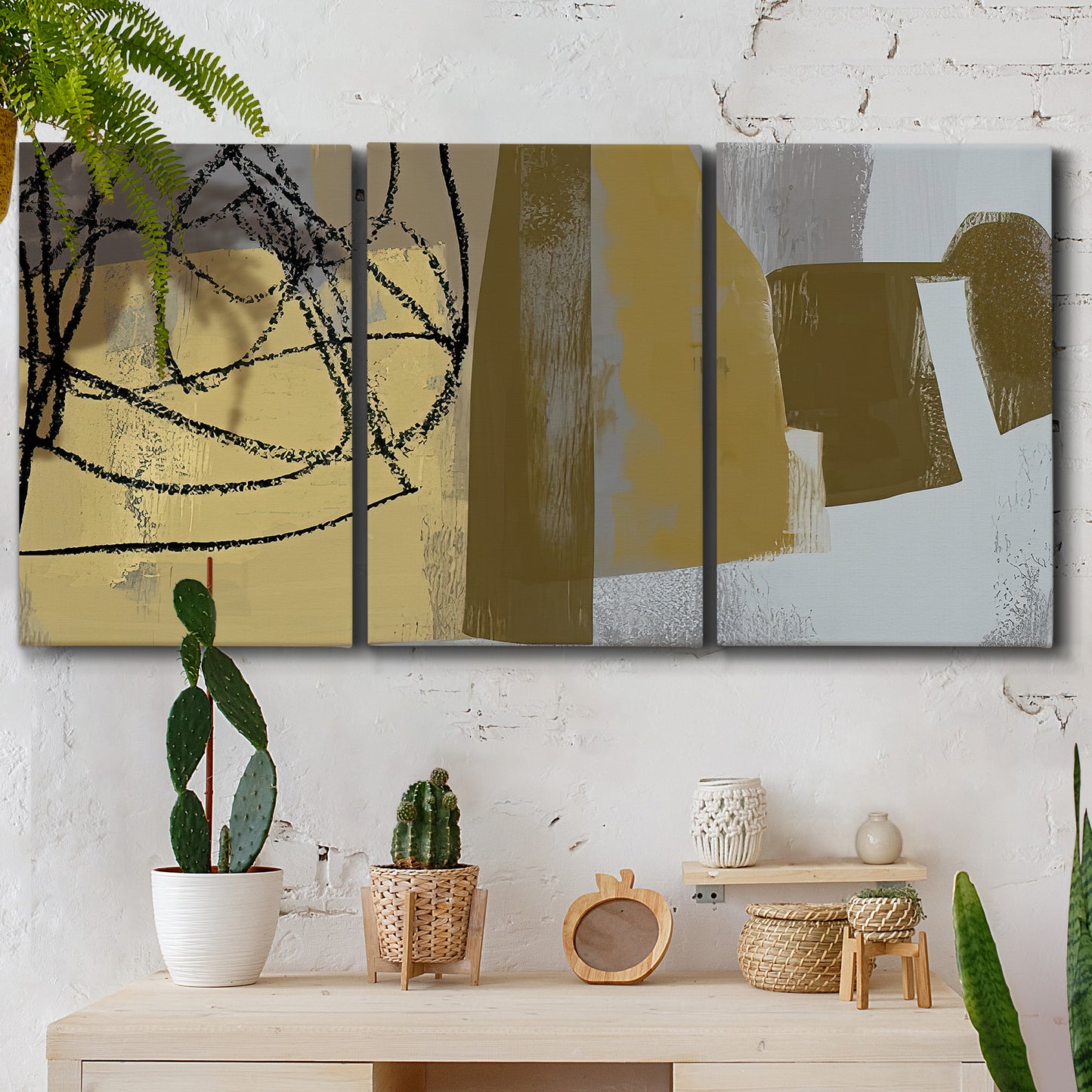 Three-panel canvas wall art featuring industrial abstract digital glitch pattern, displayed in a boho-chic entryway above a console table.