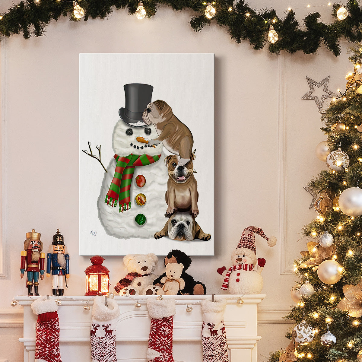 Christmas English Bulldogs Building Snowman - Gallery Wrapped Canvas