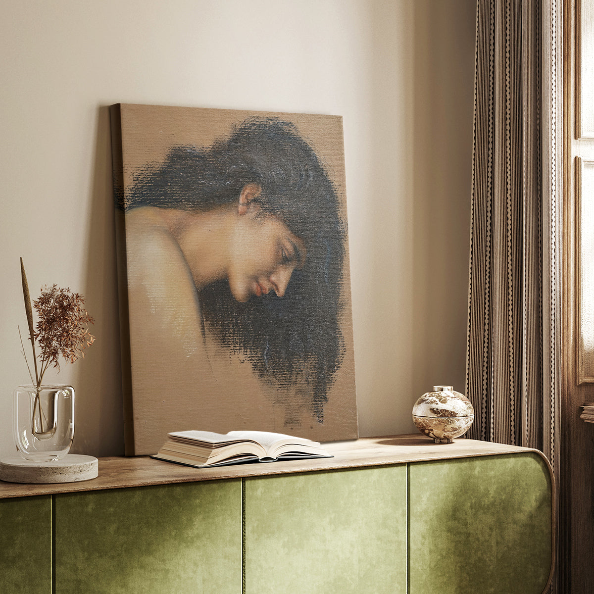 Canvas art print of a delicate portrait focusing on expression and subtle shading styled in a home decor setting.