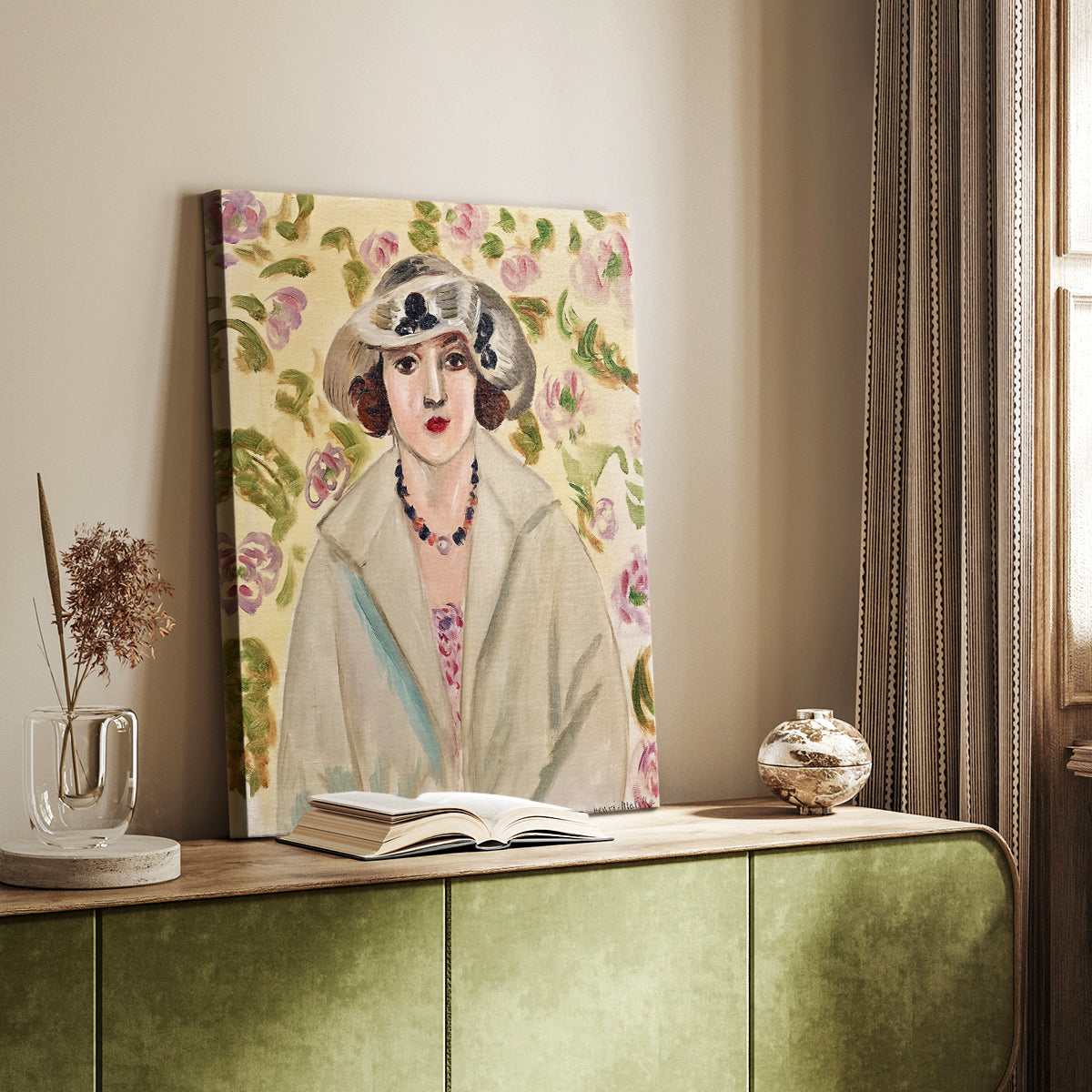 Canvas art print of a stylized figure with light tones and simple background styled in a home decor setting.