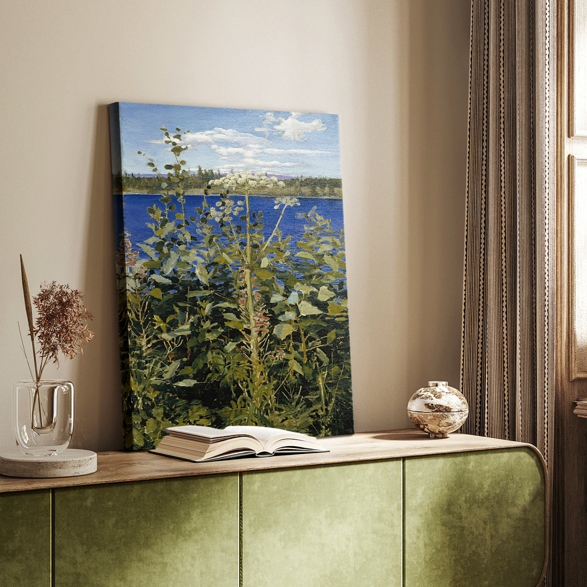 Canvas art print of a botanical scene with wildflowers growing in a lush green meadow styled in a home decor setting.