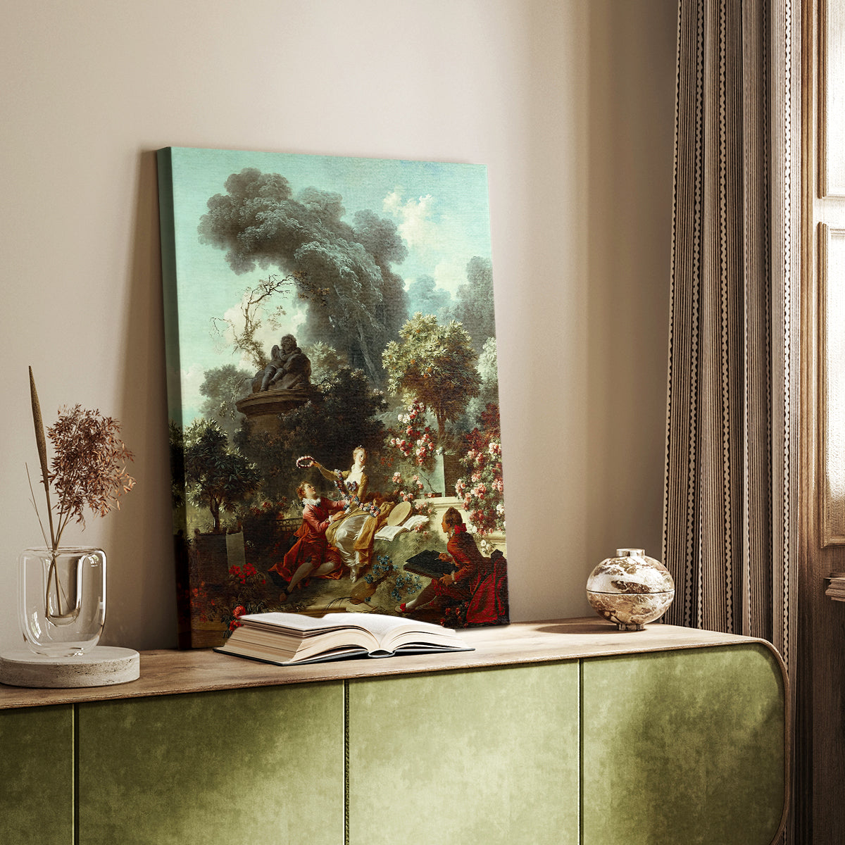 Canvas art print of a Romantic composition with figures and soft greenery styled in a home decor setting.