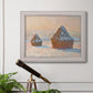 Impressionist winter haystack scene by Claude Monet in an ornate weathered white frame displayed in a light-toned interior setting.