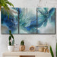 Three-panel canvas wall art featuring subtle abstract light flicker composition, displayed in a boho-chic entryway above a console table.