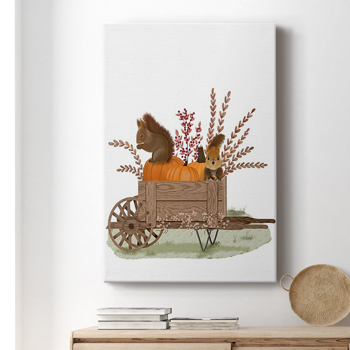 Squirrels In Pumpkin Wheelbarrow Premium Gallery Wrapped Canvas - Ready to Hang