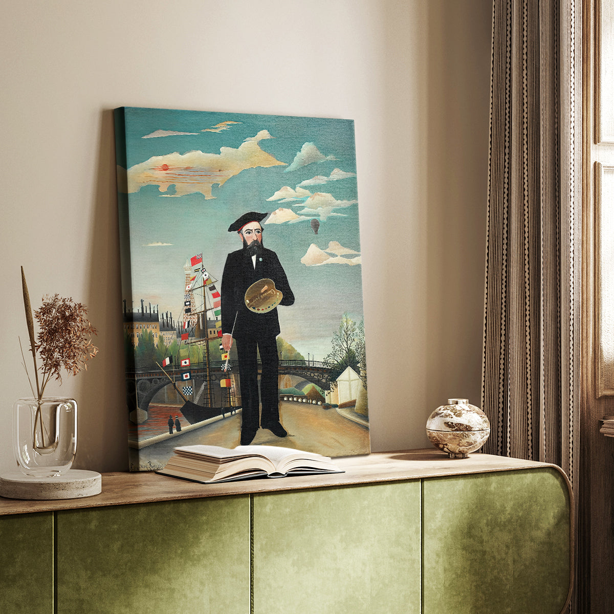 Canvas art print of a figure in formal attire against a decorative outdoor backdrop styled in a home decor setting.