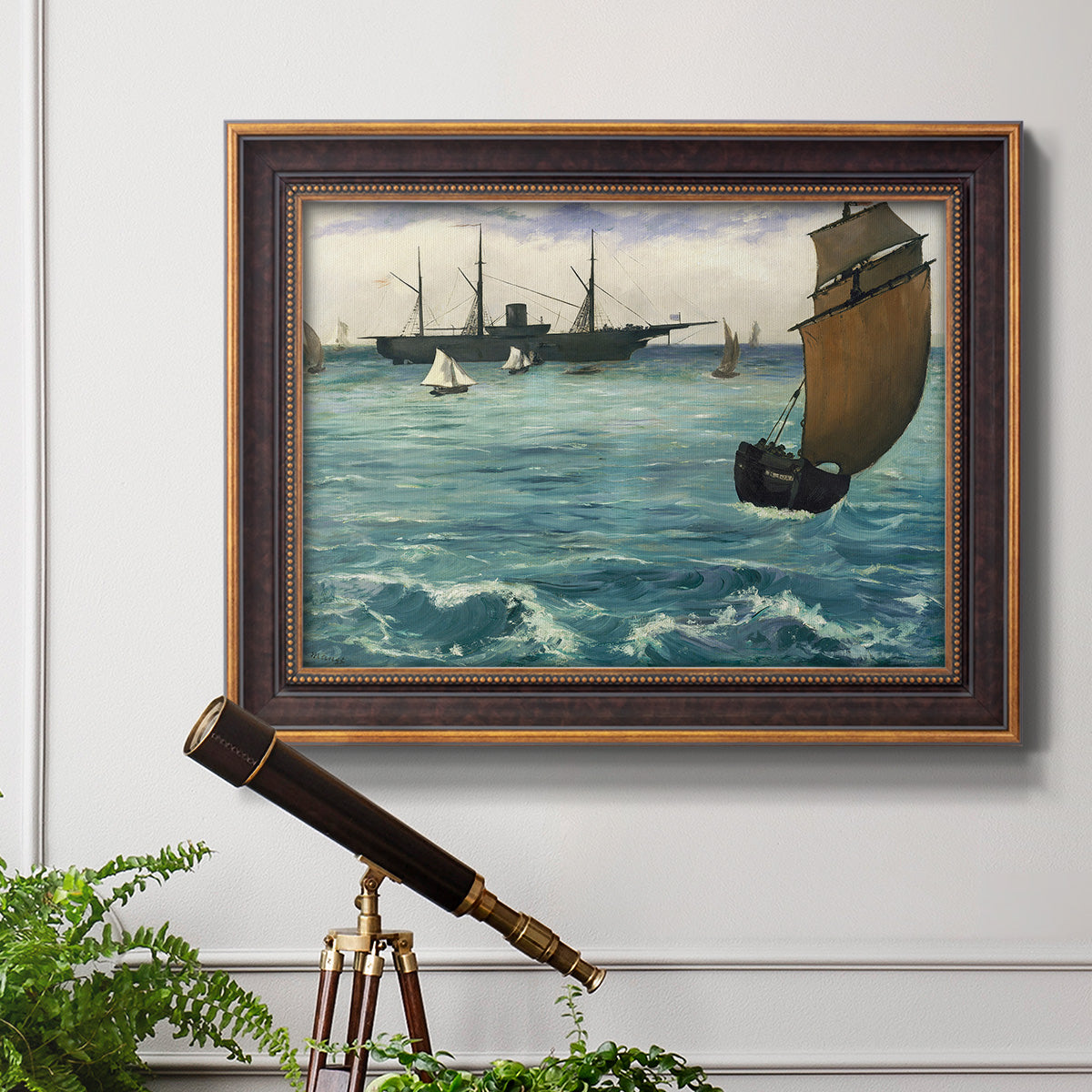 Impressionist naval seascape with the Kearsarge by Édouard Manet in an ornate bronzed mahogany wood frame displayed in a light-toned interior setting.