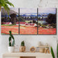 Three-panel canvas wall art featuring poppy field at giverny in bloom, displayed in a boho-chic entryway above a console table.