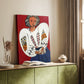 Canvas art print of a stylized figure with intricate textile design and vivid tones styled in a home decor setting.