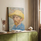 Canvas art print of a vivid figure with bold strokes and warm tones styled in a home decor setting.